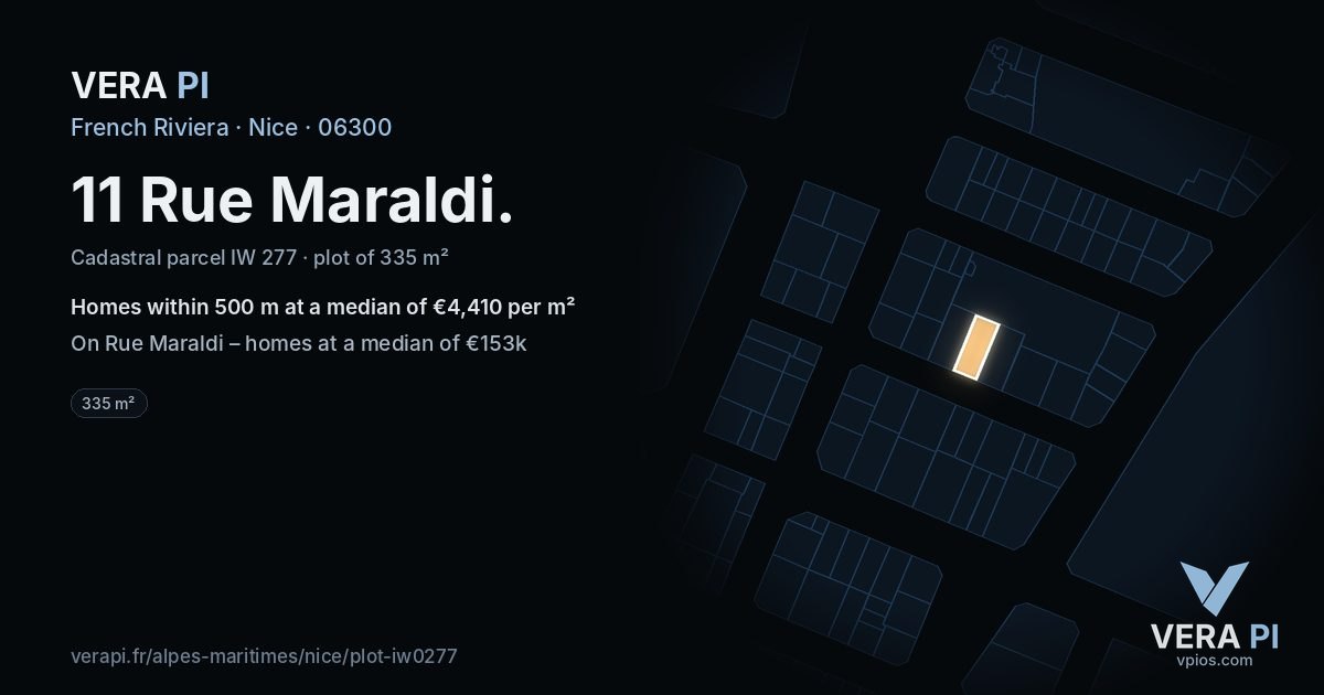 11 Rue Maraldi, Nice at night – the plot lit, the parcels around coloured by the prices near them
