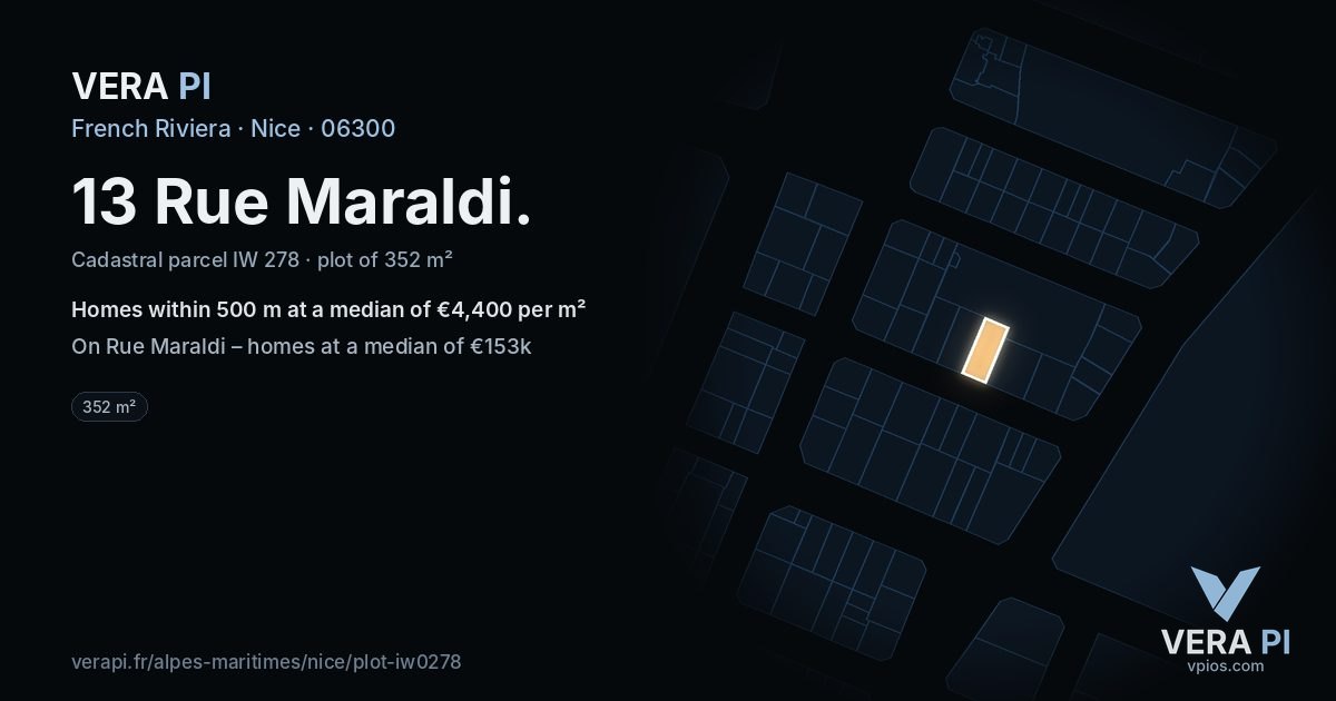 13 Rue Maraldi, Nice at night – the plot lit, the parcels around coloured by the prices near them