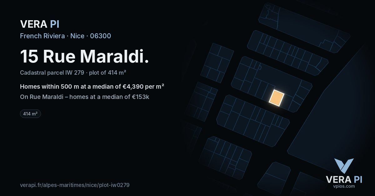 15 Rue Maraldi, Nice at night – the plot lit, the parcels around coloured by the prices near them