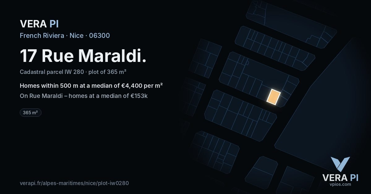 17 Rue Maraldi, Nice at night – the plot lit, the parcels around coloured by the prices near them
