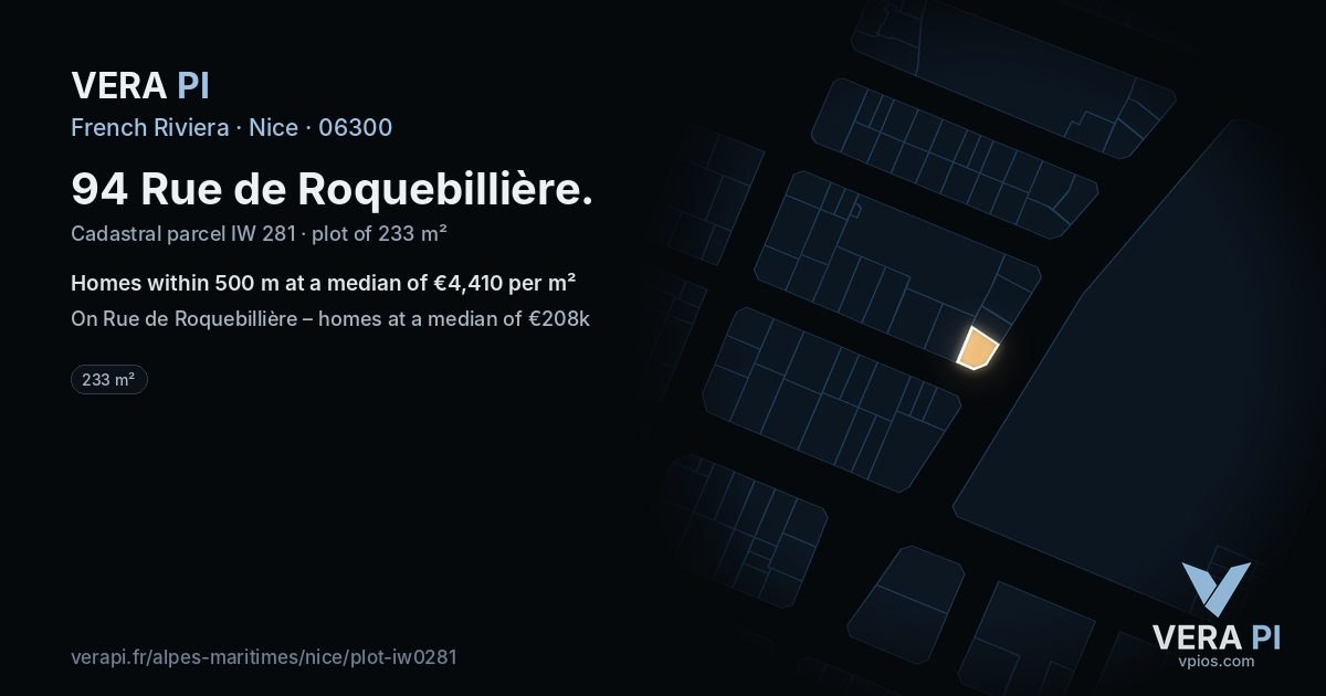 94 Rue de Roquebillière, Nice at night – the plot lit, the parcels around coloured by the prices near them