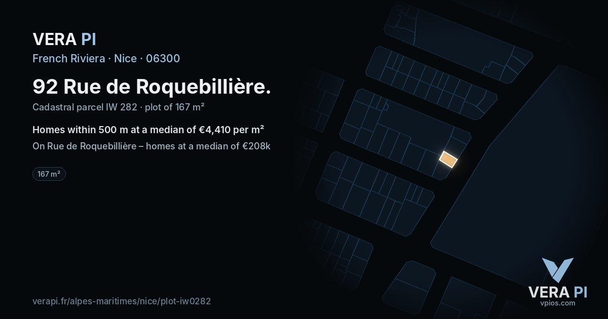 92 Rue de Roquebillière, Nice at night – the plot lit, the parcels around coloured by the prices near them