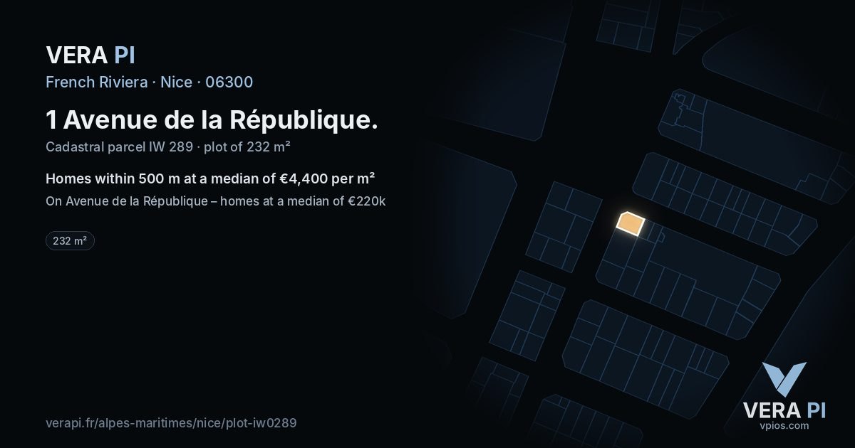 1 Avenue de la République, Nice at night – the plot lit, the parcels around coloured by the prices near them