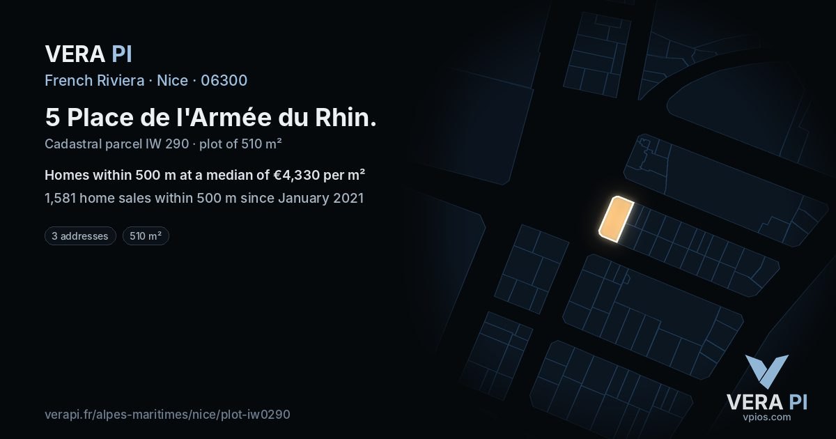 5 Place de l'Armée du Rhin, Nice at night – the plot lit, the parcels around coloured by the prices near them