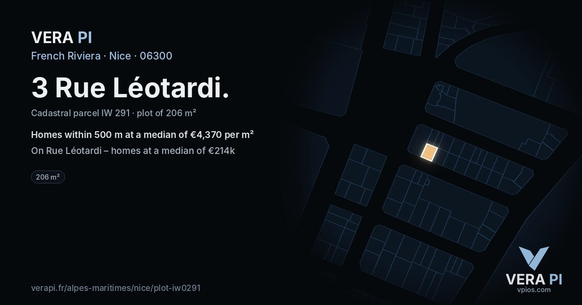 3 Rue Léotardi, Nice at night – the plot lit, the parcels around coloured by the prices near them