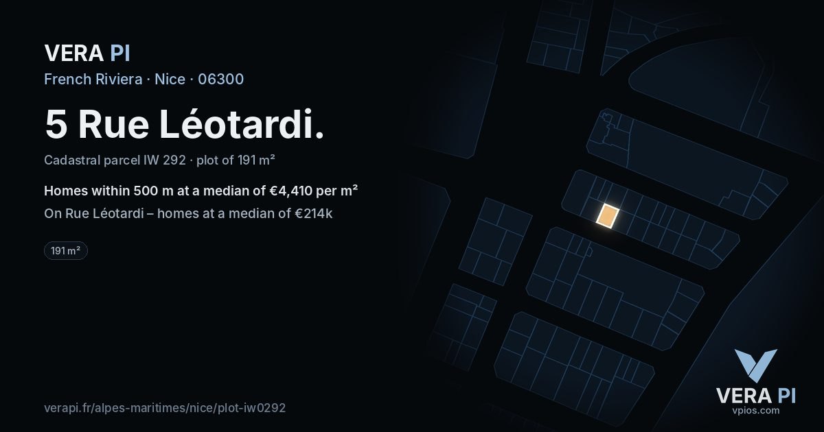 5 Rue Léotardi, Nice at night – the plot lit, the parcels around coloured by the prices near them