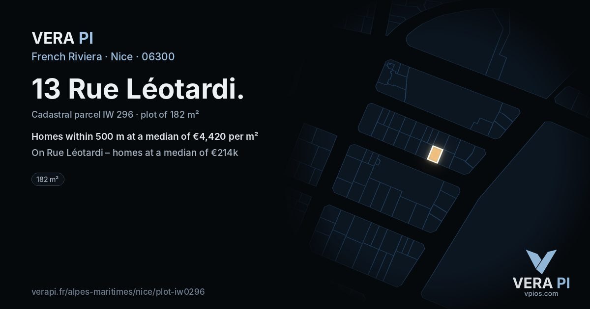 13 Rue Léotardi, Nice at night – the plot lit, the parcels around coloured by the prices near them
