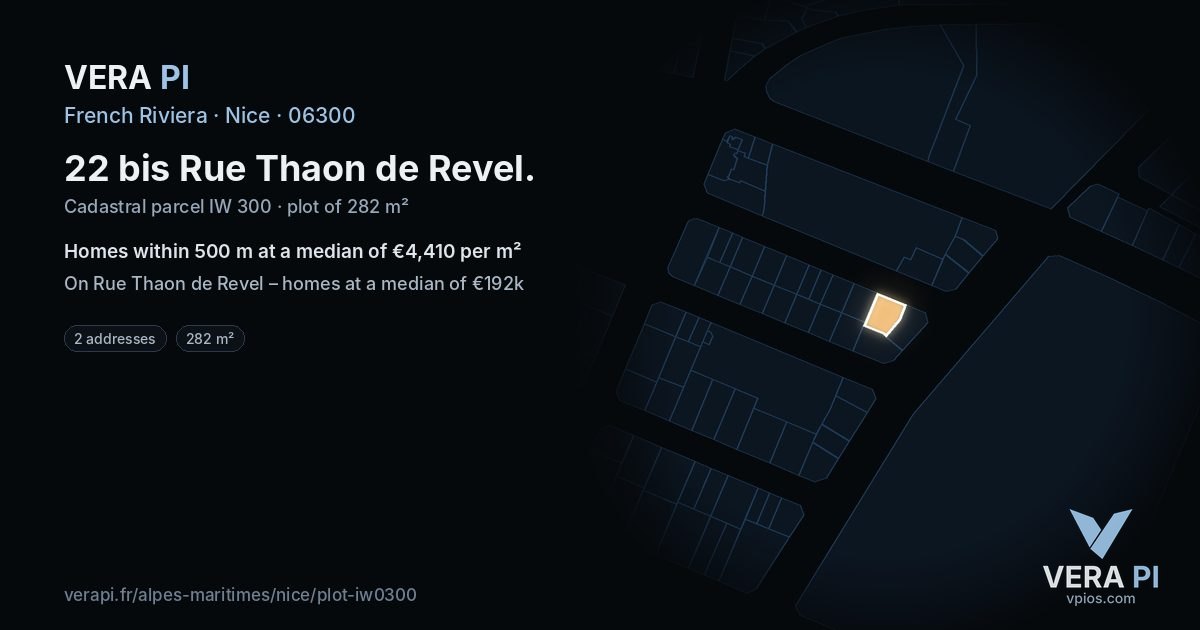22 bis Rue Thaon de Revel, Nice at night – the plot lit, the parcels around coloured by the prices near them