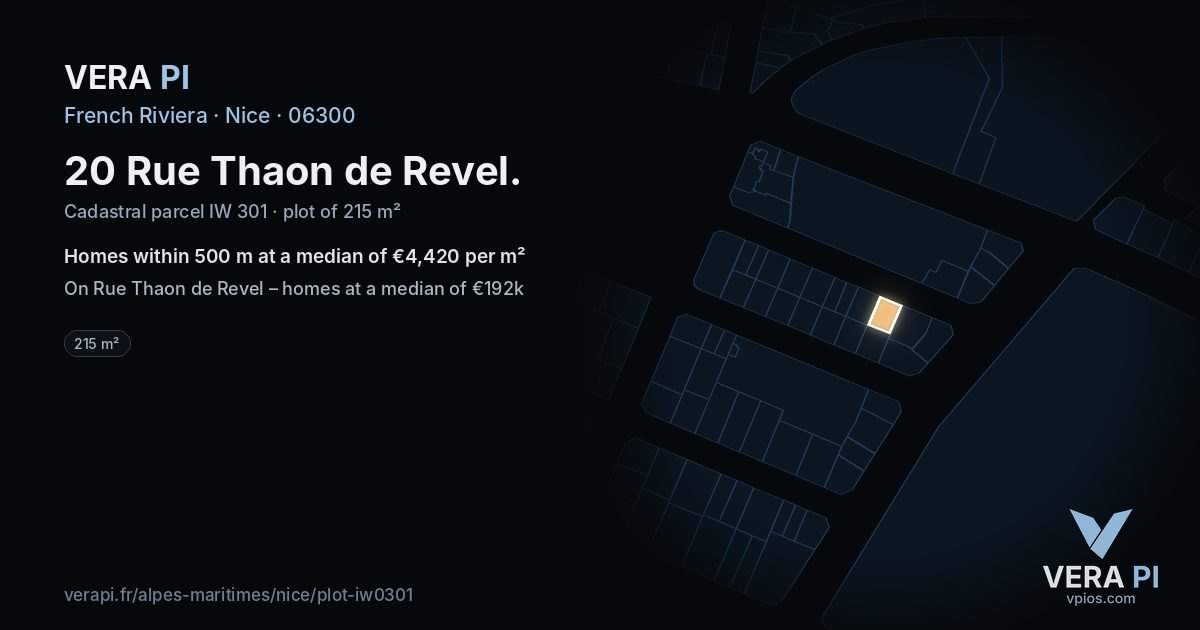 20 Rue Thaon de Revel, Nice at night – the plot lit, the parcels around coloured by the prices near them