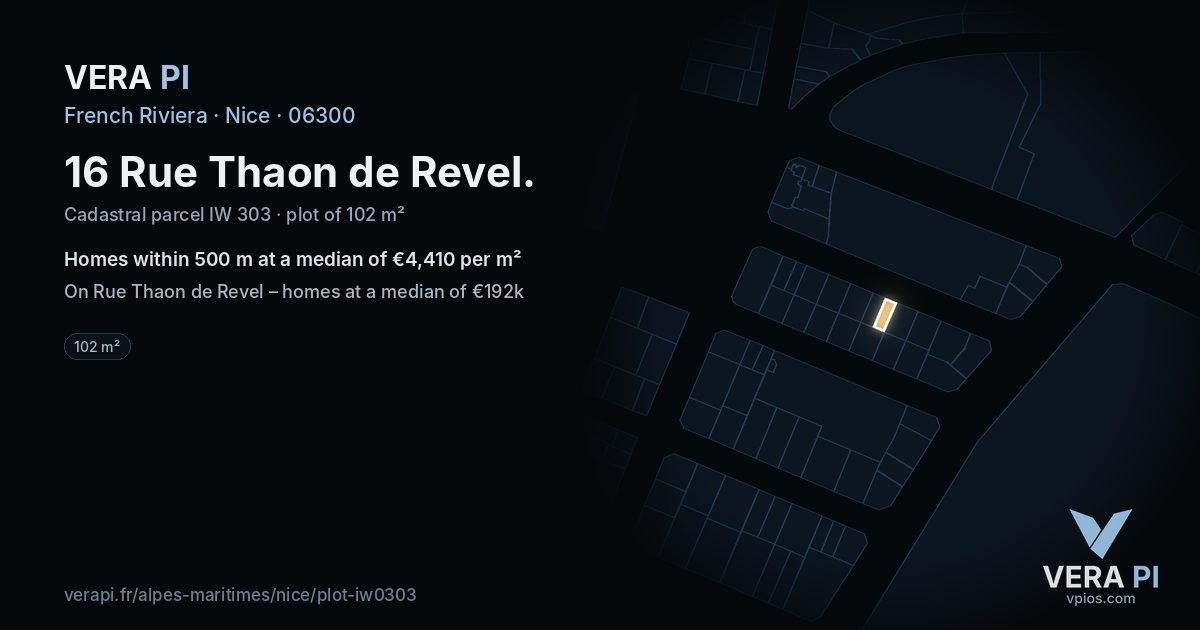 16 Rue Thaon de Revel, Nice at night – the plot lit, the parcels around coloured by the prices near them