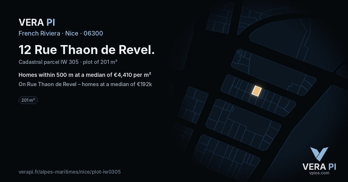 12 Rue Thaon de Revel, Nice at night – the plot lit, the parcels around coloured by the prices near them