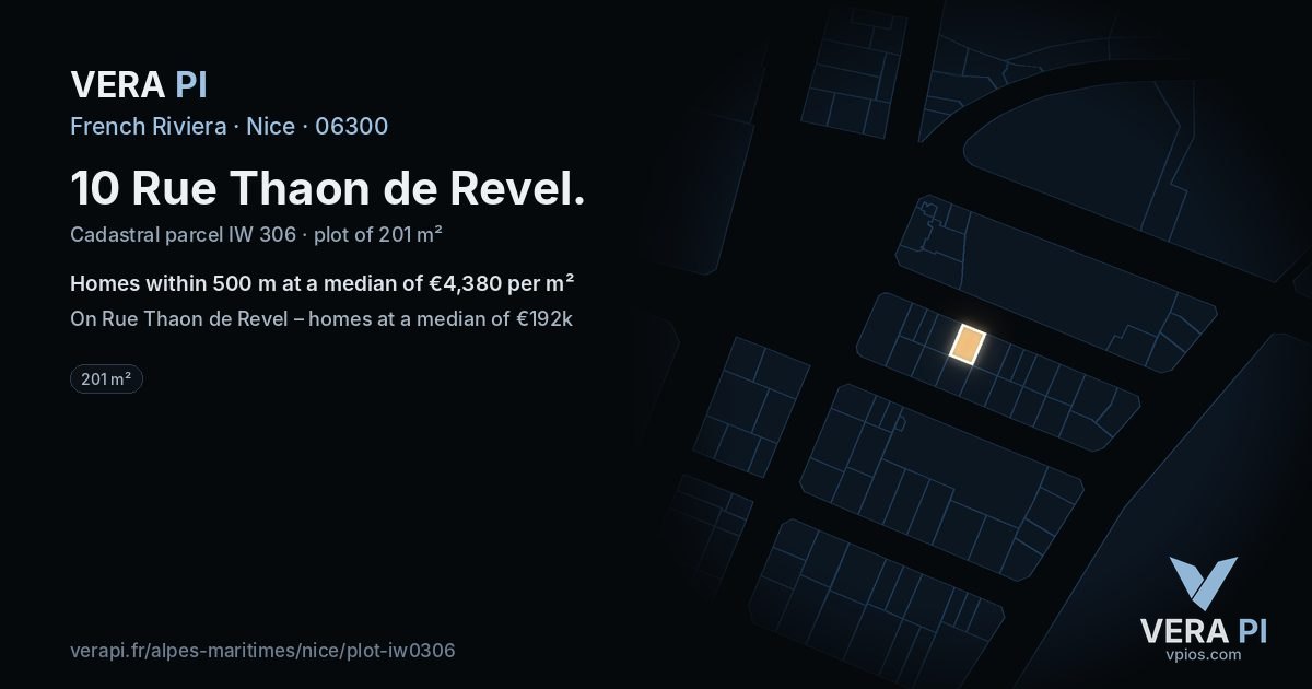 10 Rue Thaon de Revel, Nice at night – the plot lit, the parcels around coloured by the prices near them