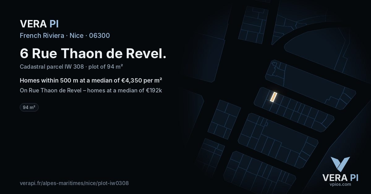 6 Rue Thaon de Revel, Nice at night – the plot lit, the parcels around coloured by the prices near them