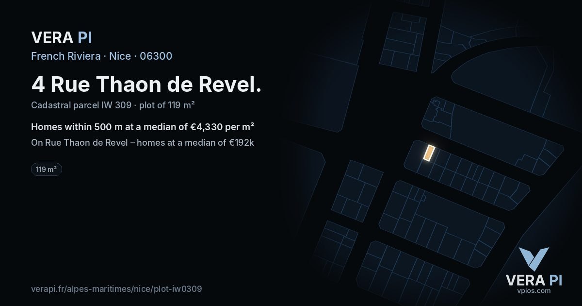 4 Rue Thaon de Revel, Nice at night – the plot lit, the parcels around coloured by the prices near them