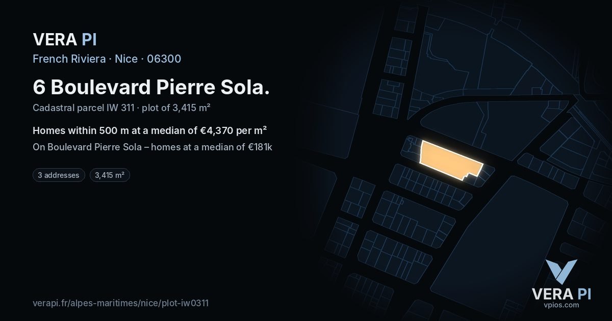 6 Boulevard Pierre Sola, Nice at night – the plot lit, the parcels around coloured by the prices near them