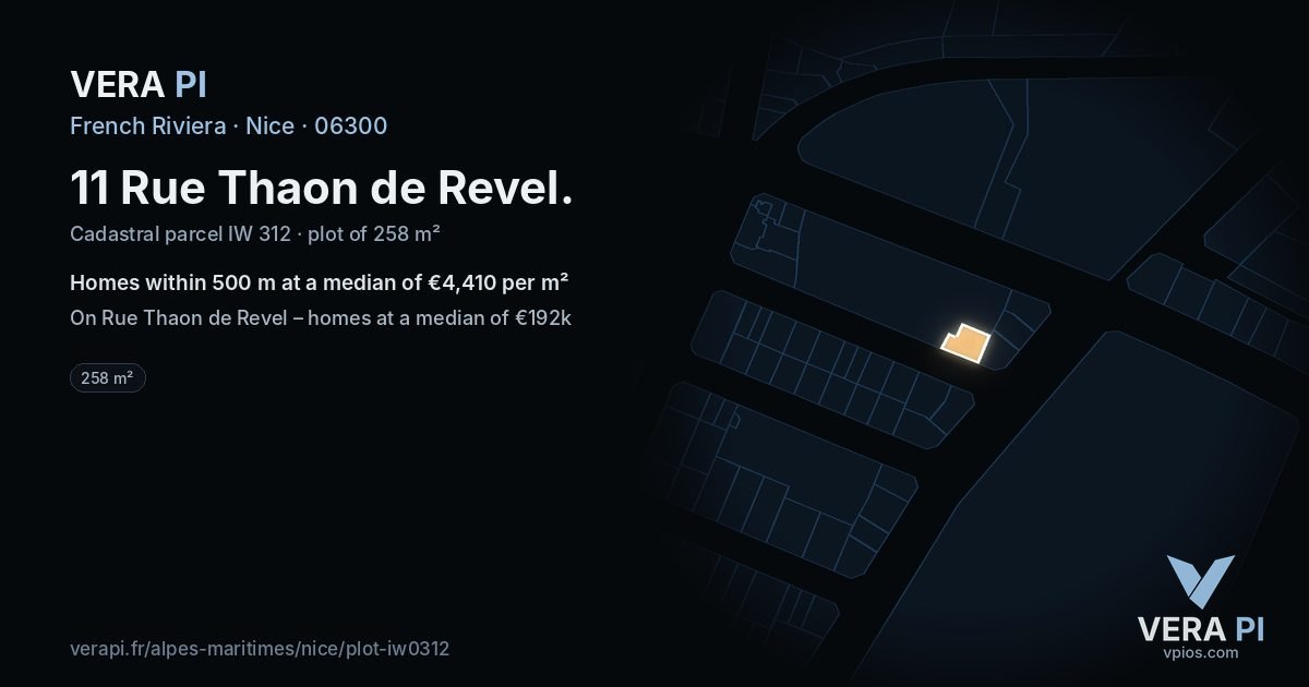 11 Rue Thaon de Revel, Nice at night – the plot lit, the parcels around coloured by the prices near them