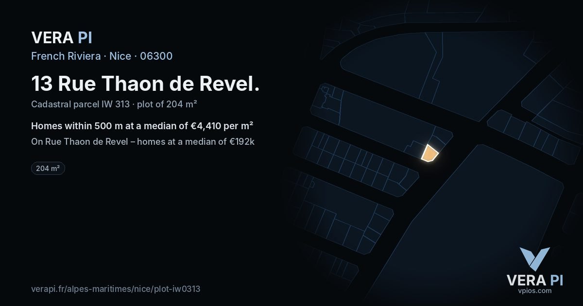 13 Rue Thaon de Revel, Nice at night – the plot lit, the parcels around coloured by the prices near them