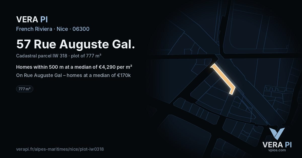 57 Rue Auguste Gal, Nice at night – the plot lit, the parcels around coloured by the prices near them