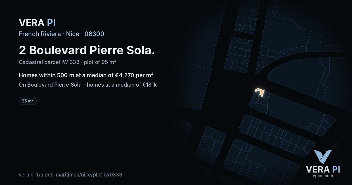 2 Boulevard Pierre Sola, Nice at night – the plot lit, the parcels around coloured by the prices near them