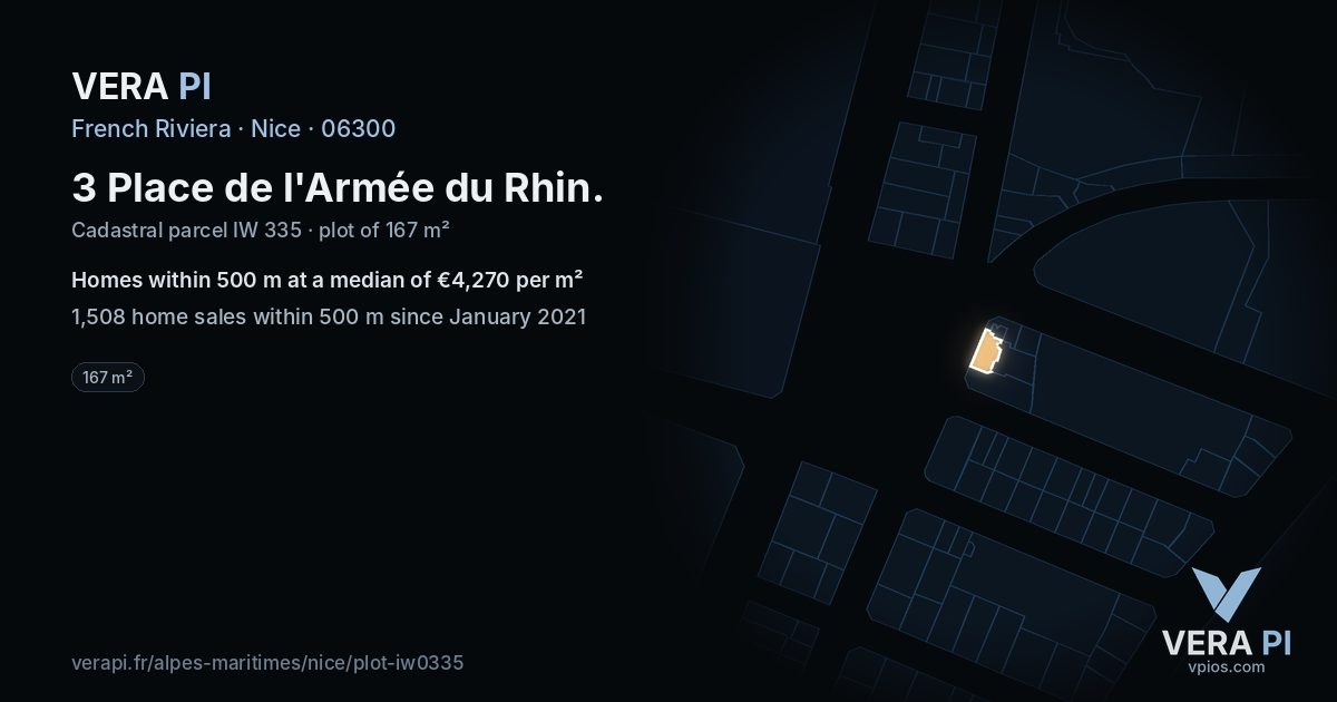 3 Place de l'Armée du Rhin, Nice at night – the plot lit, the parcels around coloured by the prices near them