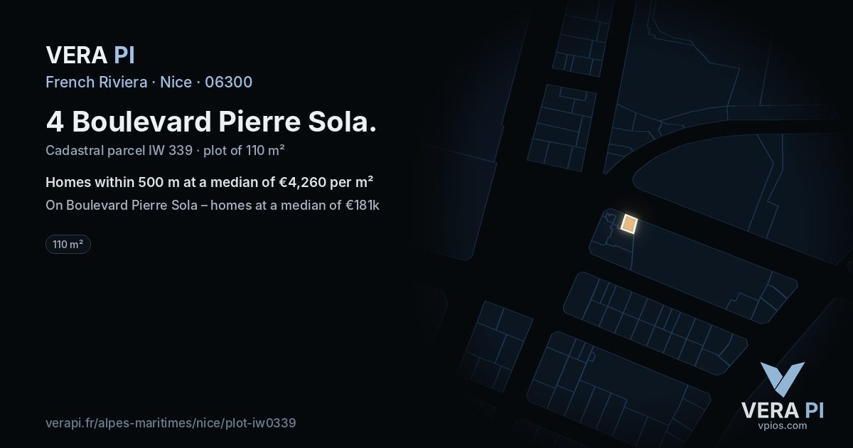 4 Boulevard Pierre Sola, Nice at night – the plot lit, the parcels around coloured by the prices near them
