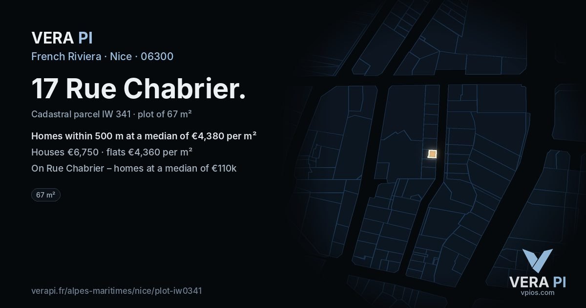 17 Rue Chabrier, Nice at night – the plot lit, the parcels around coloured by the prices near them