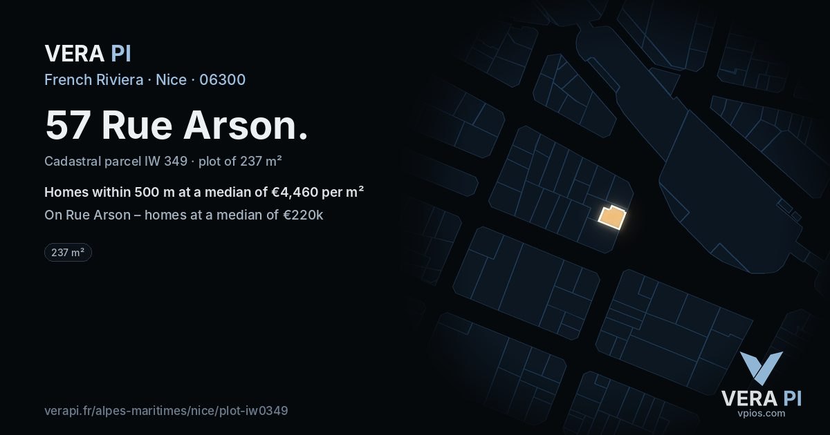 57 Rue Arson, Nice at night – the plot lit, the parcels around coloured by the prices near them