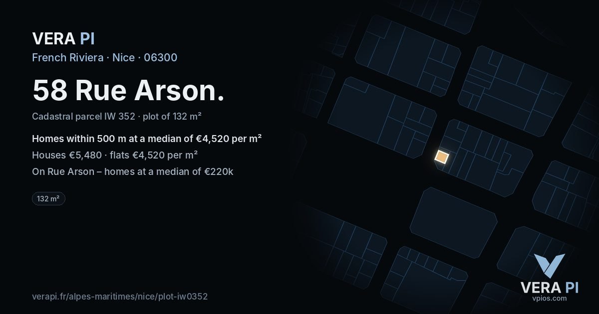 58 Rue Arson, Nice at night – the plot lit, the parcels around coloured by the prices near them