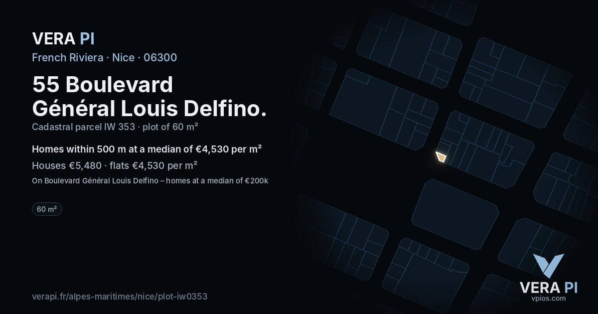 55 Boulevard Général Louis Delfino, Nice at night – the plot lit, the parcels around coloured by the prices near them