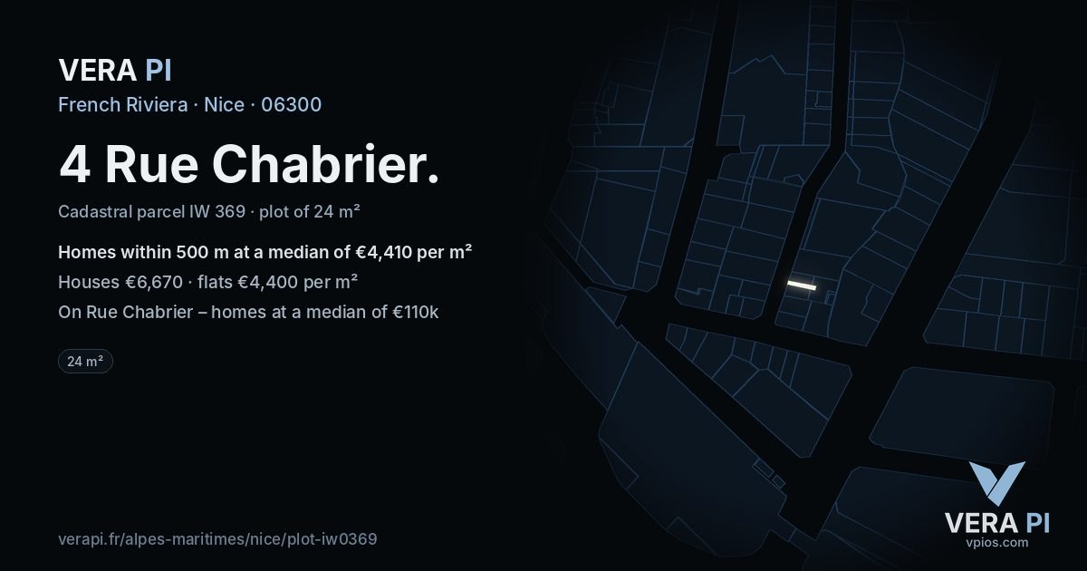 4 Rue Chabrier, Nice at night – the plot lit, the parcels around coloured by the prices near them