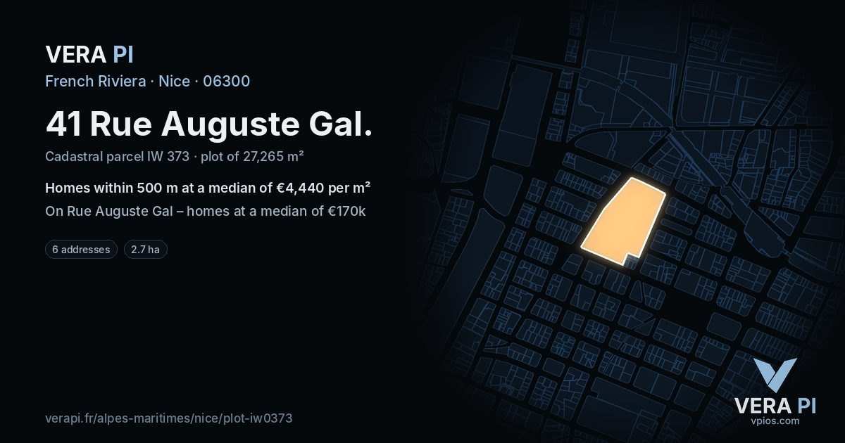 41 Rue Auguste Gal, Nice at night – the plot lit, the parcels around coloured by the prices near them