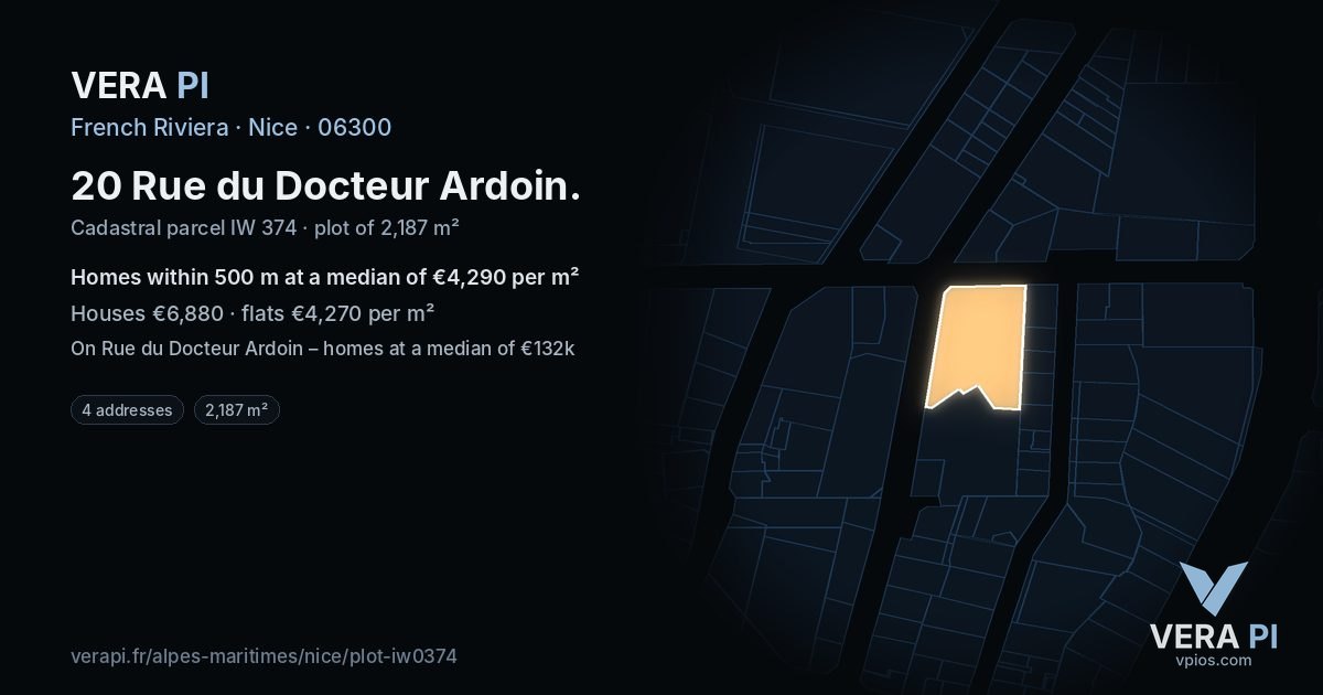 20 Rue du Docteur Ardoin, Nice at night – the plot lit, the parcels around coloured by the prices near them