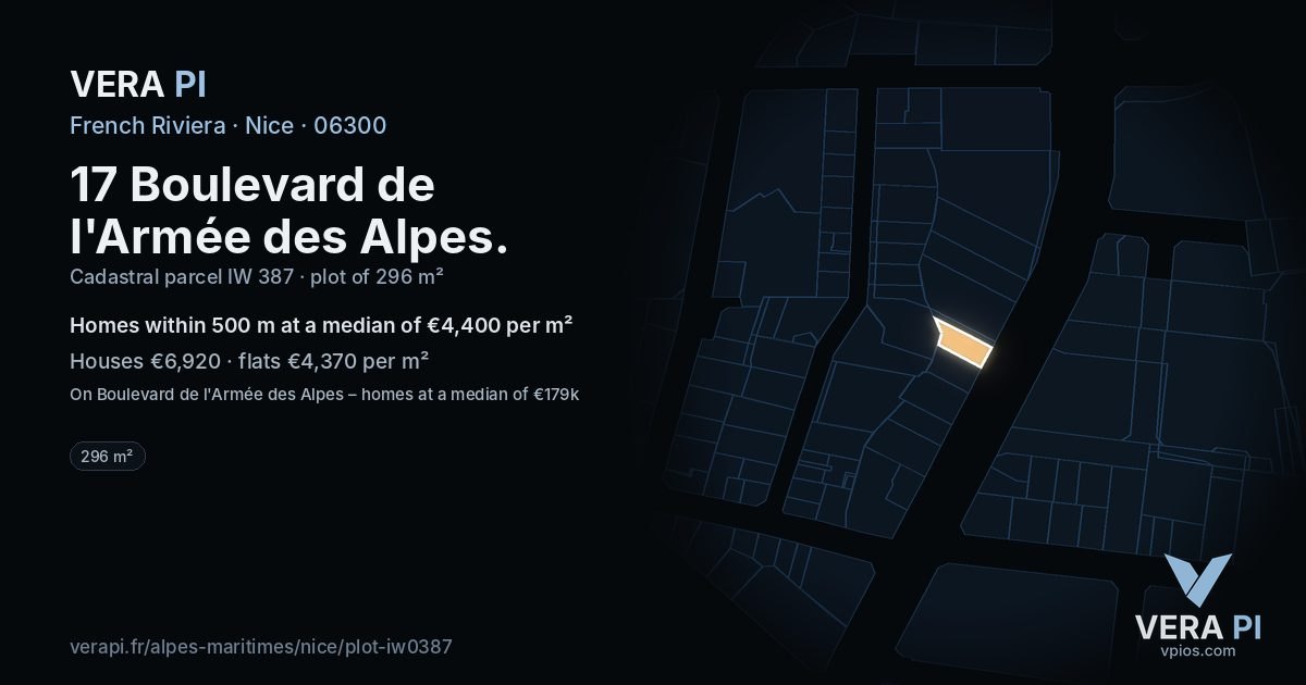 17 Boulevard de l'Armée des Alpes, Nice at night – the plot lit, the parcels around coloured by the prices near them