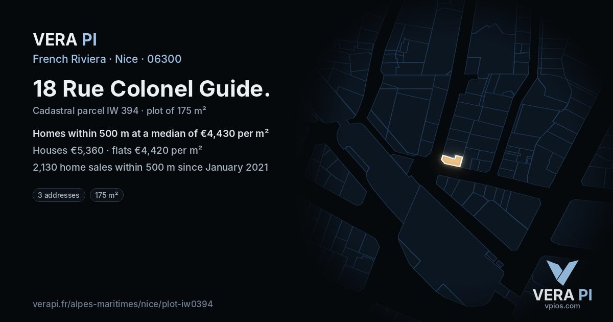 18 Rue Colonel Guide, Nice at night – the plot lit, the parcels around coloured by the prices near them