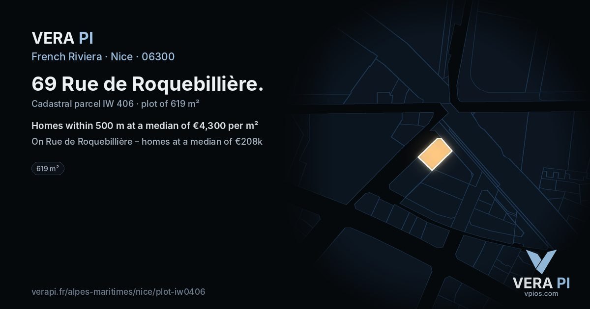 69 Rue de Roquebillière, Nice at night – the plot lit, the parcels around coloured by the prices near them