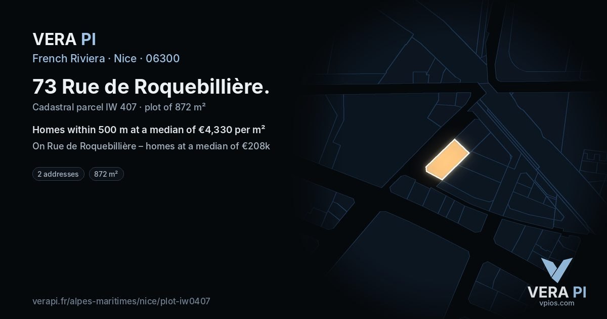 73 Rue de Roquebillière, Nice at night – the plot lit, the parcels around coloured by the prices near them