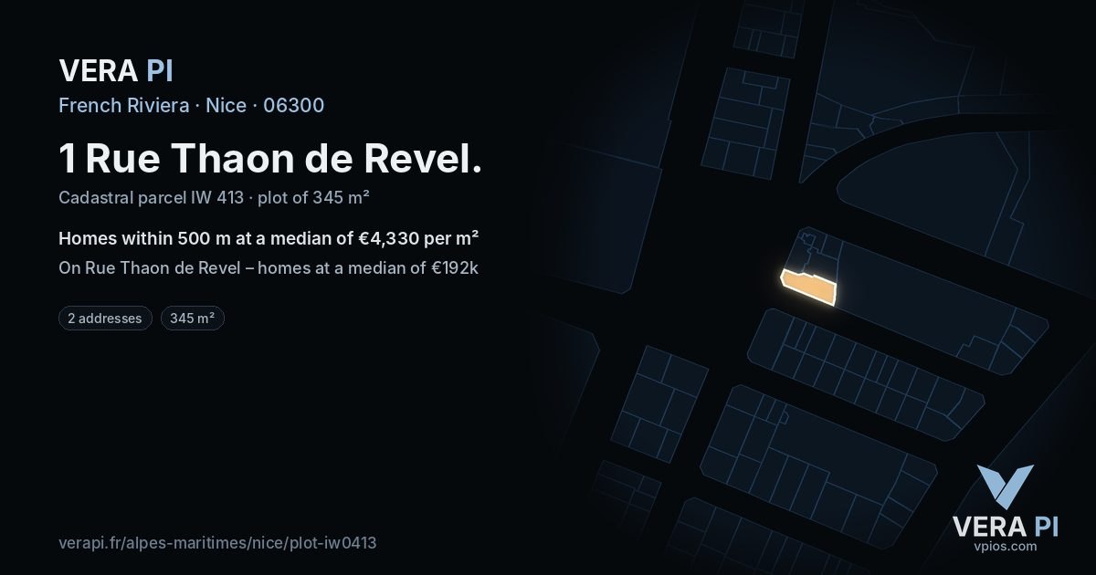 1 Rue Thaon de Revel, Nice at night – the plot lit, the parcels around coloured by the prices near them