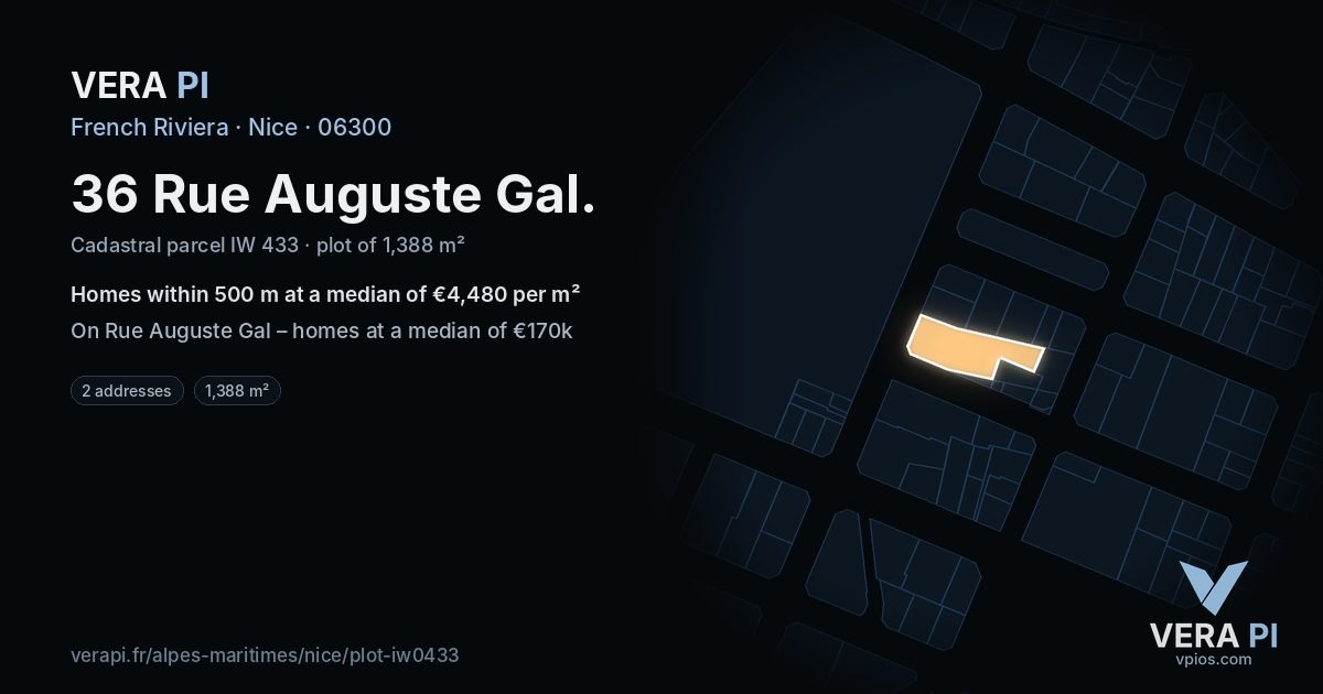 36 Rue Auguste Gal, Nice at night – the plot lit, the parcels around coloured by the prices near them