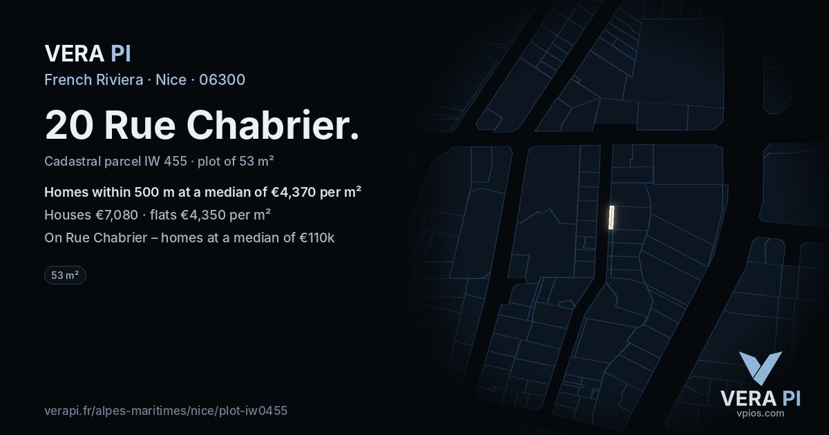 20 Rue Chabrier, Nice at night – the plot lit, the parcels around coloured by the prices near them