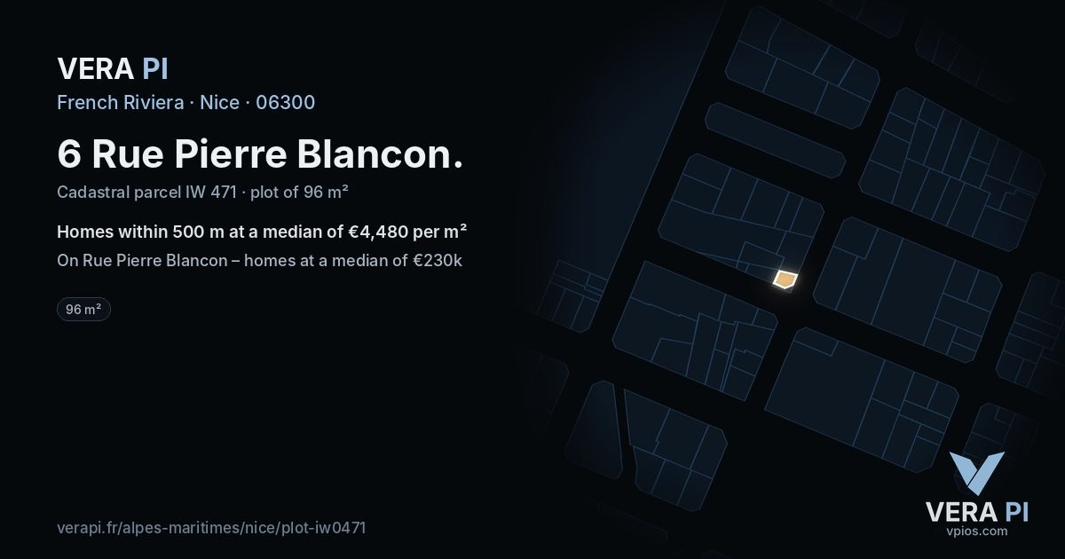 6 Rue Pierre Blancon, Nice at night – the plot lit, the parcels around coloured by the prices near them