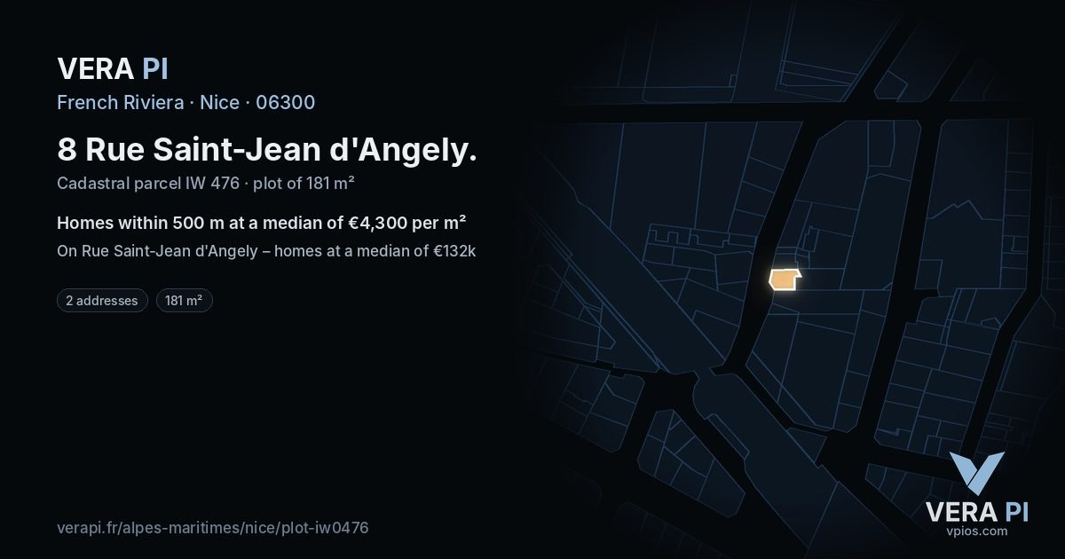 8 Rue Saint-Jean d'Angely, Nice at night – the plot lit, the parcels around coloured by the prices near them