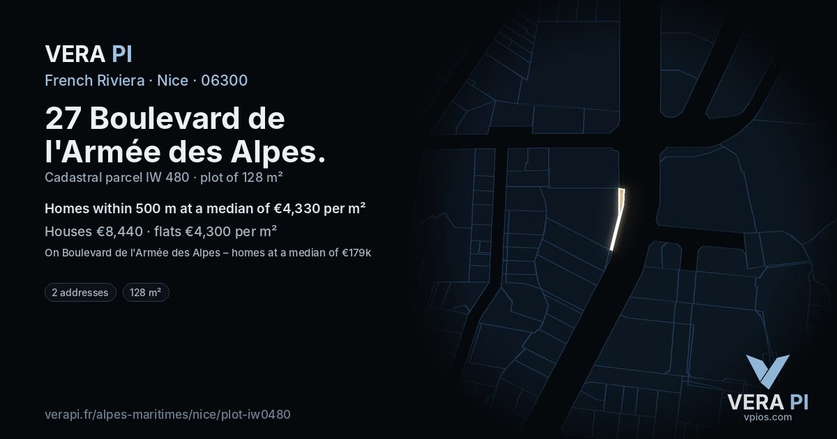 27 Boulevard de l'Armée des Alpes, Nice at night – the plot lit, the parcels around coloured by the prices near them