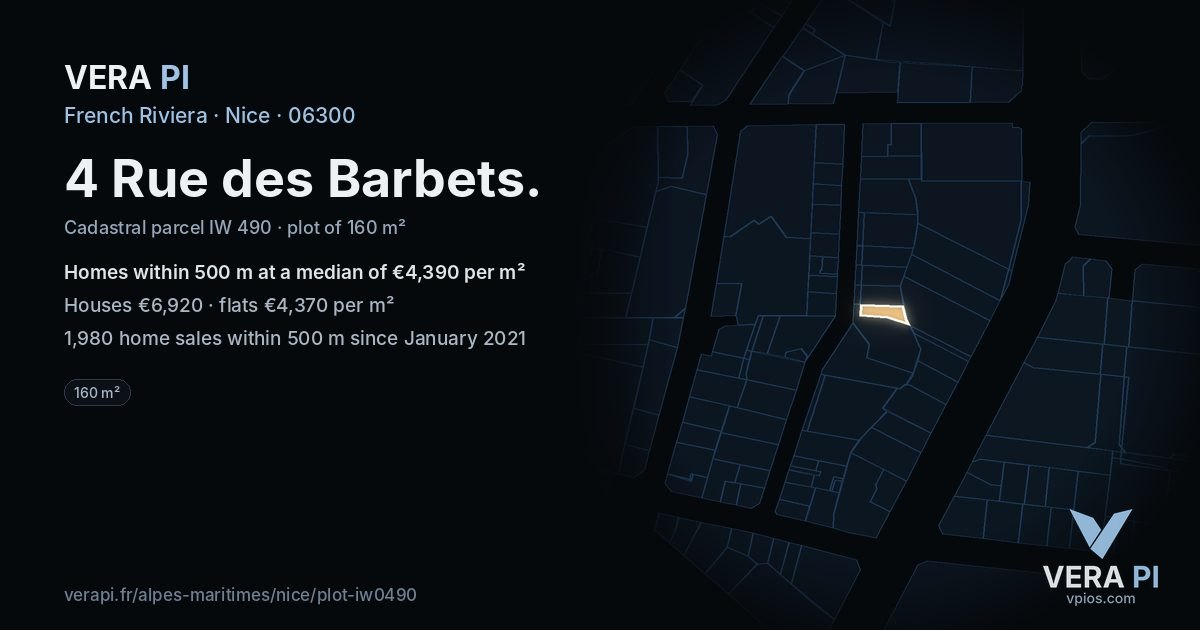 4 Rue des Barbets, Nice at night – the plot lit, the parcels around coloured by the prices near them