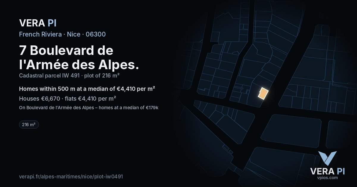 7 Boulevard de l'Armée des Alpes, Nice at night – the plot lit, the parcels around coloured by the prices near them