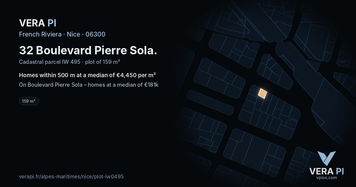 32 Boulevard Pierre Sola, Nice at night – the plot lit, the parcels around coloured by the prices near them