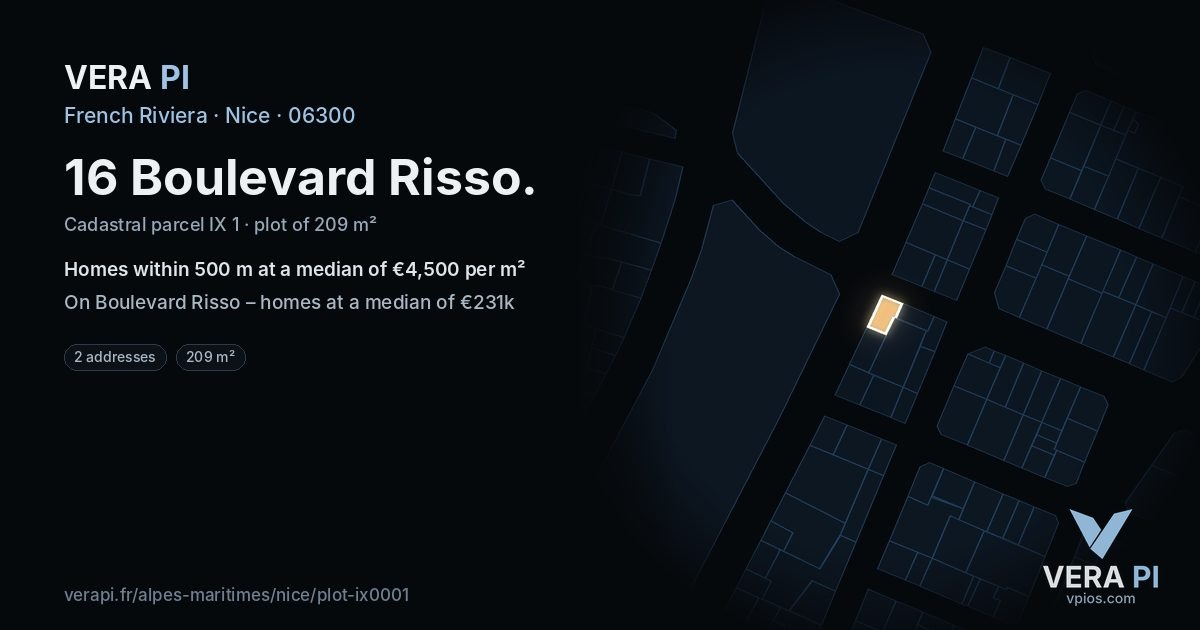 16 Boulevard Risso, Nice at night – the plot lit, the parcels around coloured by the prices near them