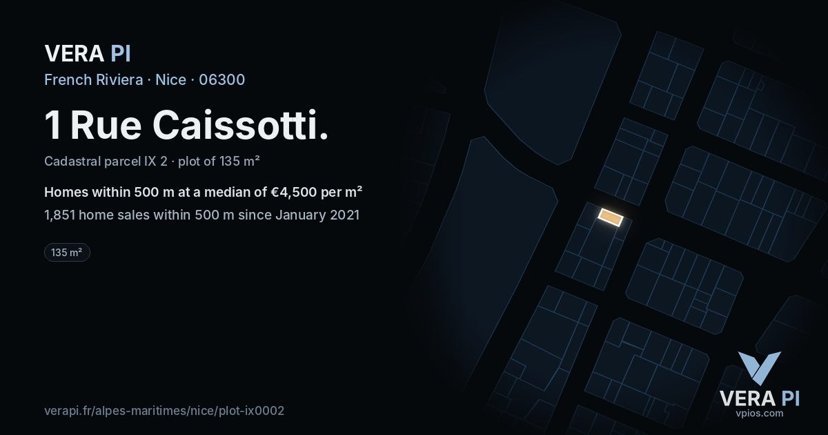 1 Rue Caissotti, Nice at night – the plot lit, the parcels around coloured by the prices near them