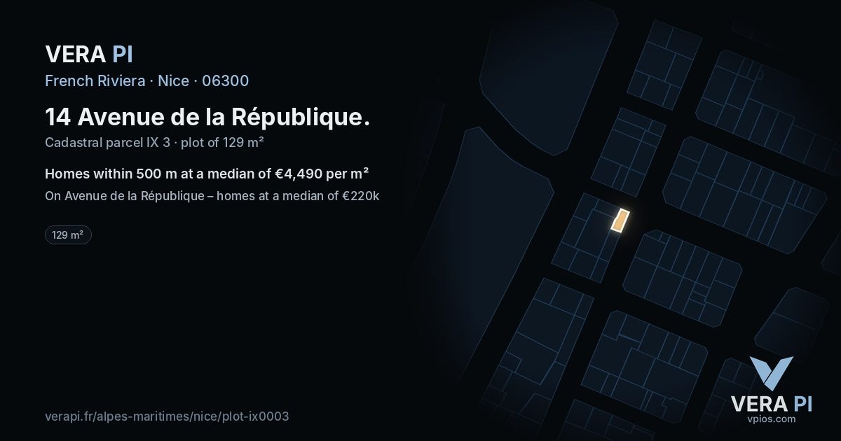 14 Avenue de la République, Nice at night – the plot lit, the parcels around coloured by the prices near them