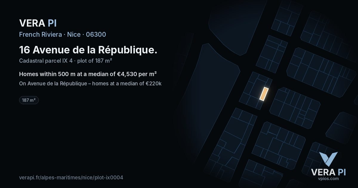16 Avenue de la République, Nice at night – the plot lit, the parcels around coloured by the prices near them