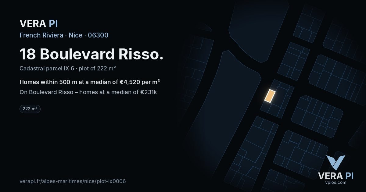 18 Boulevard Risso, Nice at night – the plot lit, the parcels around coloured by the prices near them